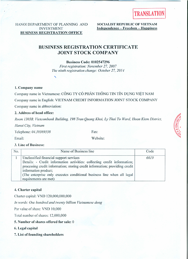 Business Registration Certificate Joint Stock Company