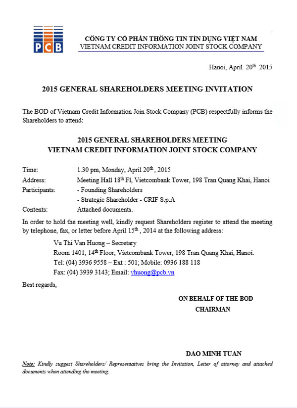 2015 GENERAL SHAREHOLDERS MEETING INVITATION
