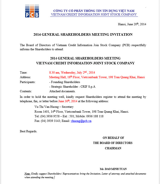 2014 GENERAL SHAREHOLDERS MEETING INVITATION